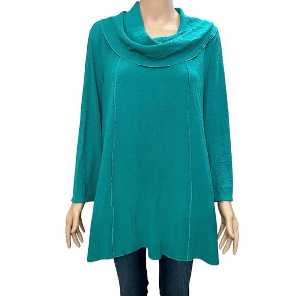 Ali Miles Tops - Ali Miles Crinkle Cowl Neck Tunic Top 1X Teal 3/4 Sleeves Artsy Lagenlook Casual